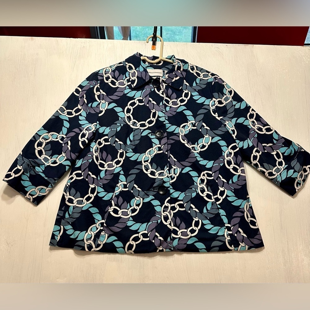 Alfred Dunner Jacket Women’s Size 10 Navy Blue Chain Print Cotton Blend Retro
